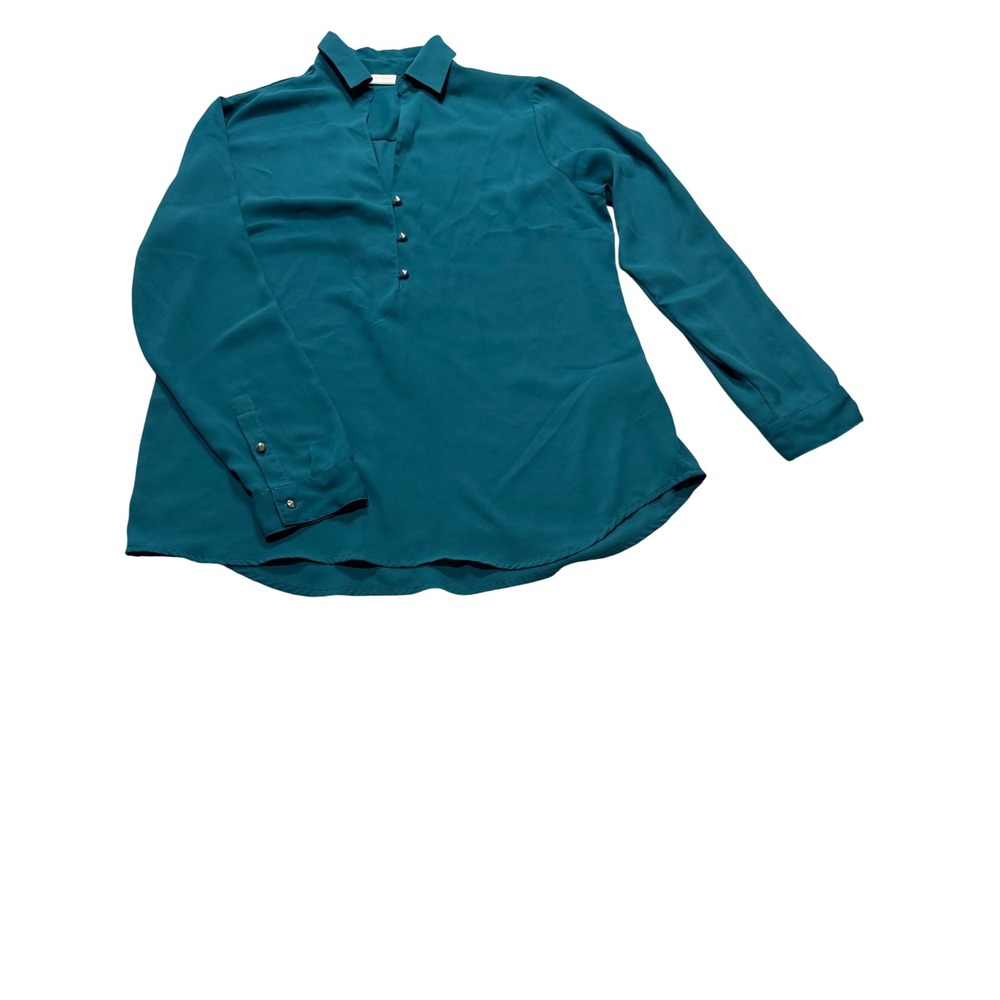 New York & Company Women Teal Green Studded Split Neck Blouse Top Large L